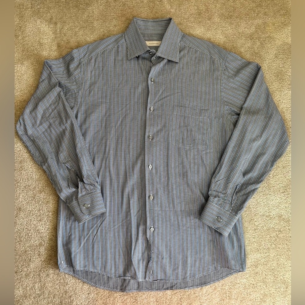 Ermenegildo Zegna Black Blue Striped Houndstooth Button Down Dress Shirt Large